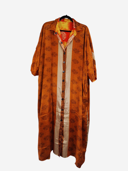 She Lives Beauty reversible kaftan in orange vintage rasgulla silk with button-front and bohemian leaf print pattern.