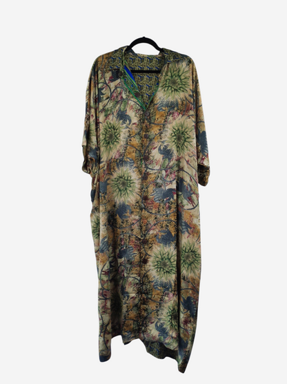 She Lives Beauty reversible kaftan in vintage rasgulla silk with a flowing bohemian floral print and button-front.