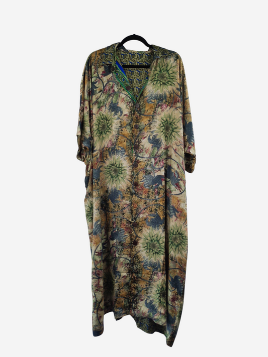 She Lives Beauty reversible kaftan in vintage rasgulla silk with a flowing bohemian floral print and button-front.