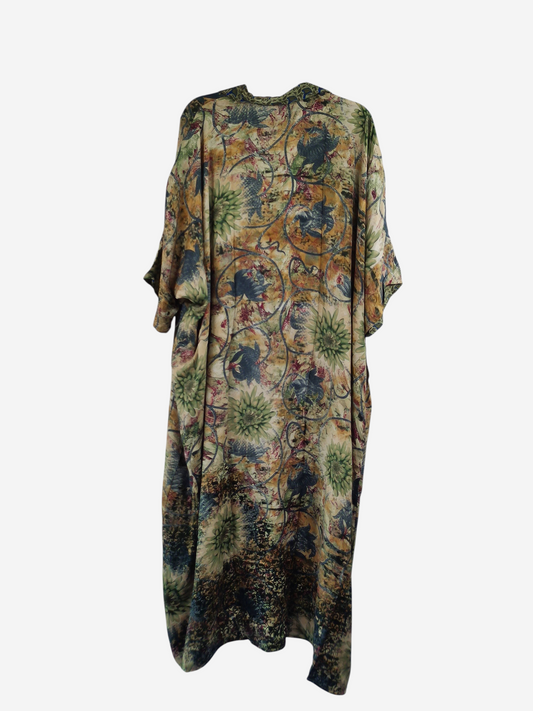 She Lives Beauty reversible kaftan in vintage rasgulla silk with a bohemian floral pattern in earthy tones.