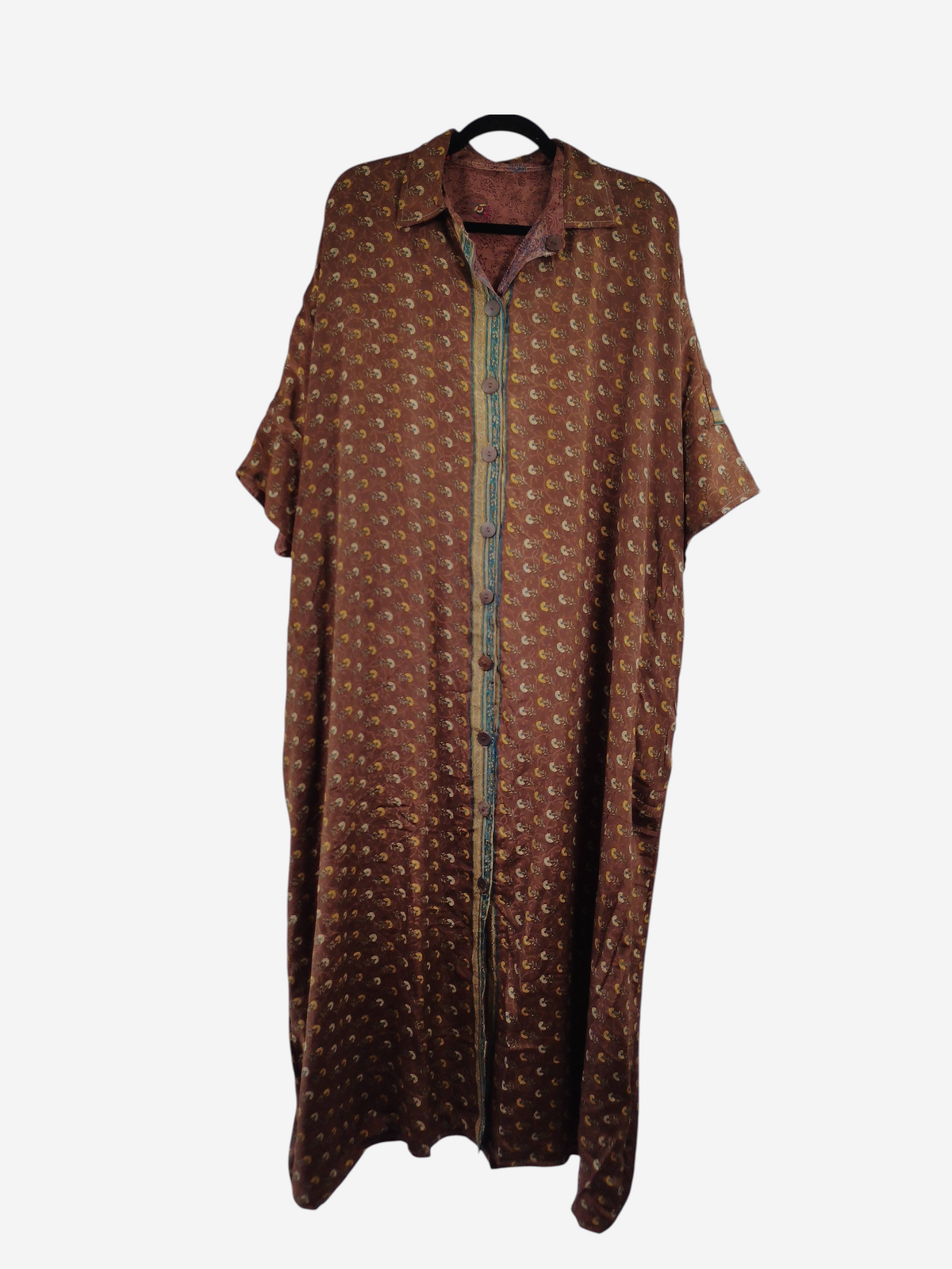 She Lives Beauty reversible kaftan in brown vintage Rasgulla silk with a button-front design and bohemian print.