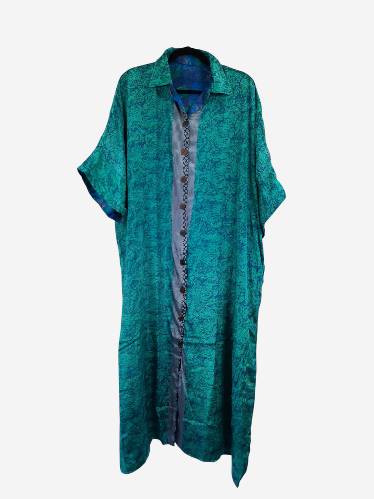 She Lives Beauty reversible kaftan in teal vintage rasgulla silk with a button-front and flowing bohemian silhouette.