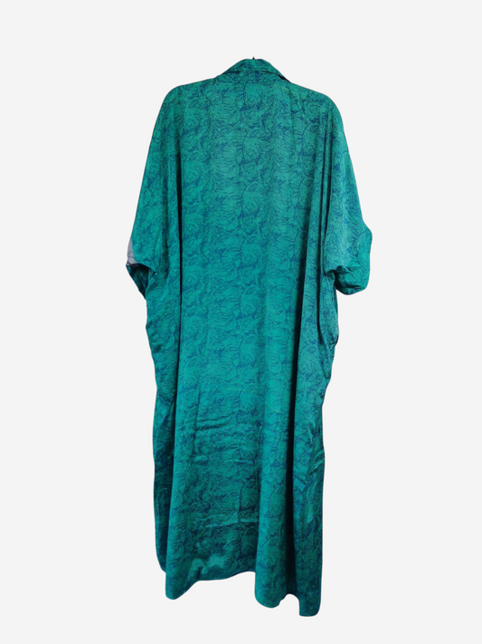 She Lives Beauty reversible green vintage rasgulla silk kaftan with a loose flowing silhouette and button-front design