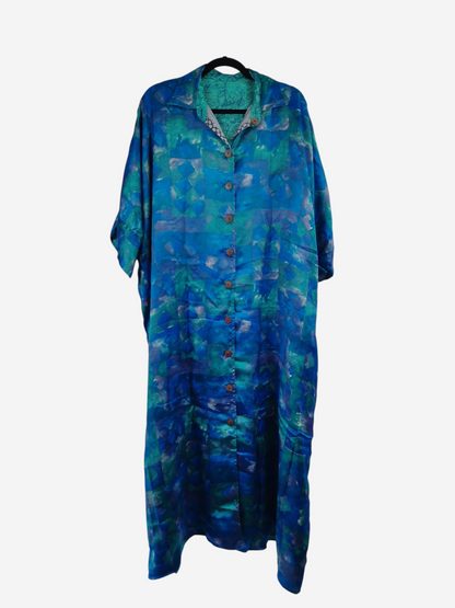 She Lives Beauty reversible kaftan in blue and green vintage rasgulla silk with a button-front design.