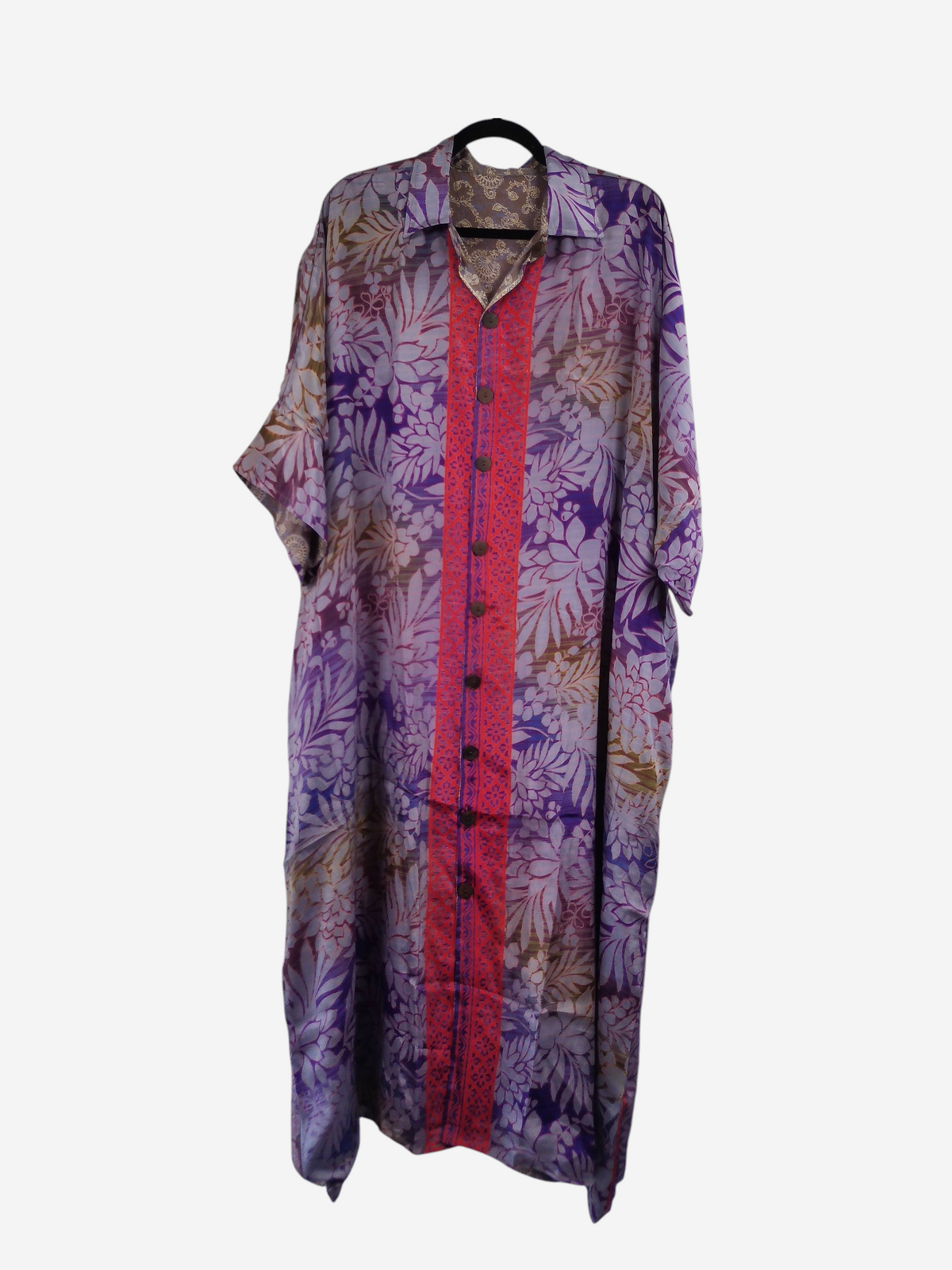 She Lives Beauty reversible kaftan in purple floral vintage rasgulla silk with a button-front design.