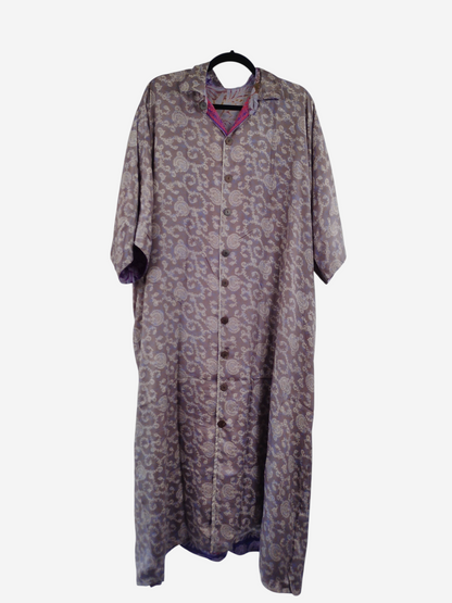 She Lives Beauty reversible kaftan in vintage rasgulla silk with a button-front design and bohemian floral pattern.