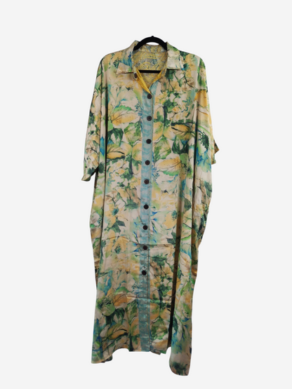 She Lives Beauty reversible kaftan in vintage floral Rasgulla silk with a button-front design and flowing silhouette.