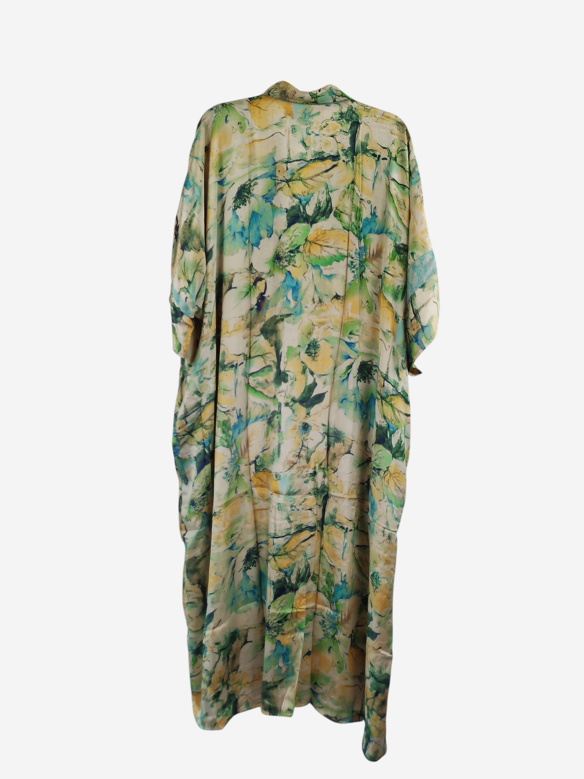 She Lives Beauty reversible kaftan in vintage rasgulla silk with a flowing bohemian floral print in yellow and blue.