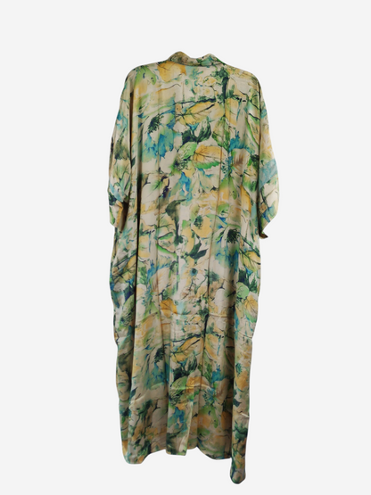 She Lives Beauty reversible kaftan in vintage rasgulla silk with a flowing bohemian floral print in yellow and blue.