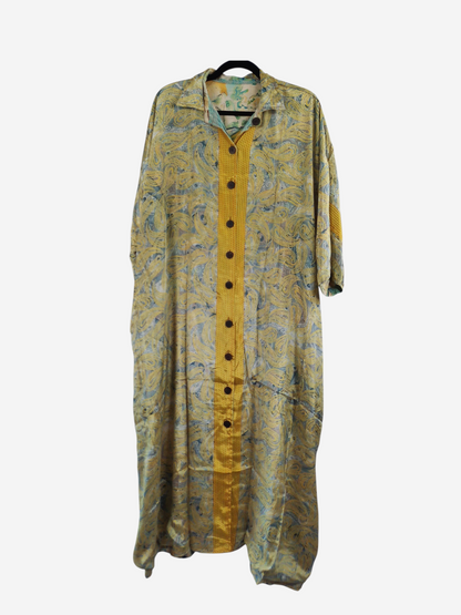 She Lives Beauty reversible kaftan in yellow and blue vintage rasgulla silk with a button-front design.