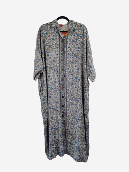 She Lives Beauty reversible kaftan in vintage floral Rasgulla silk with a button-front design and relaxed fit.