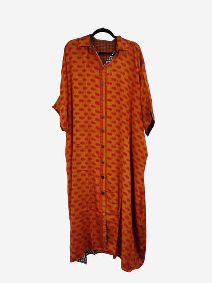 She Lives Beauty reversible kaftan in orange vintage silk with red leaf print and button-front design