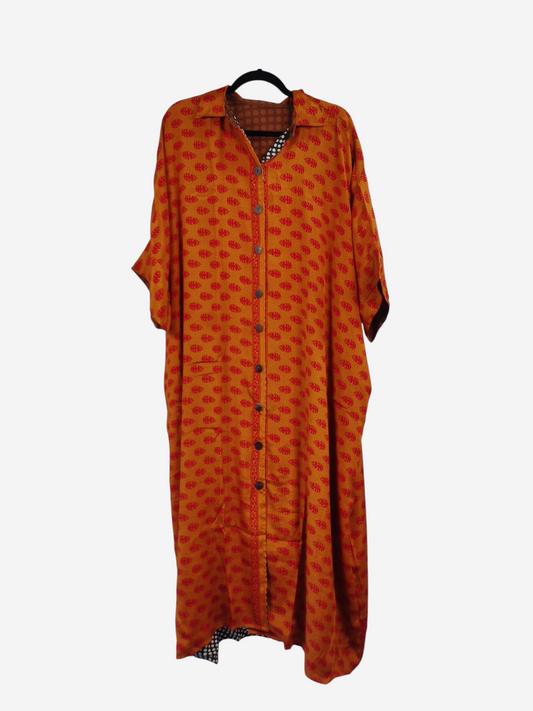 She Lives Beauty reversible kaftan in orange vintage silk with red leaf print and button-front design