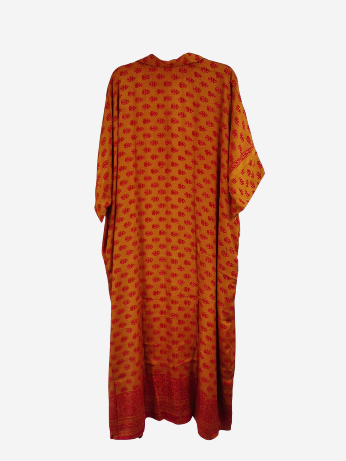 She Lives Beauty reversible kaftan in orange and red vintage rasgulla silk with a repeating leaf pattern