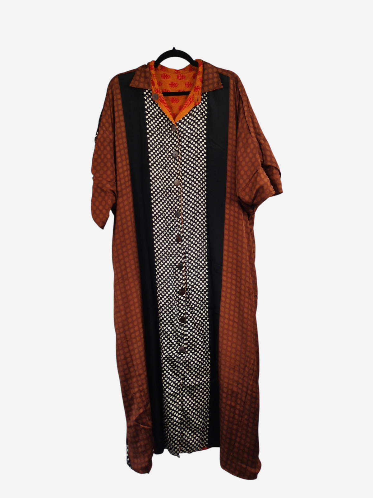 She Lives Beauty reversible kaftan in brown and black vintage rasgulla silk with a button-front and polka dot pattern