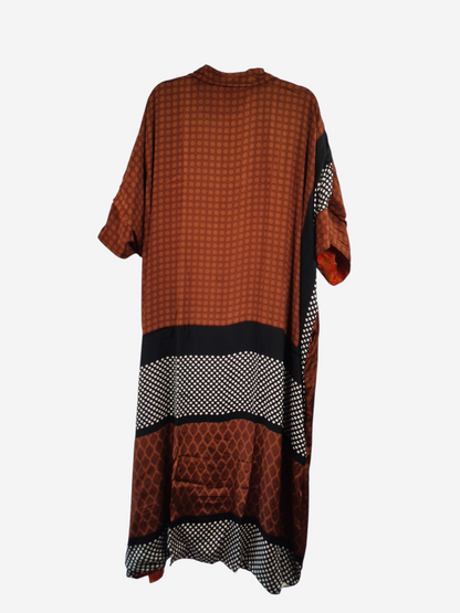 She Lives Beauty reversible kaftan in brown vintage rasgulla silk with geometric and polka dot patterns
