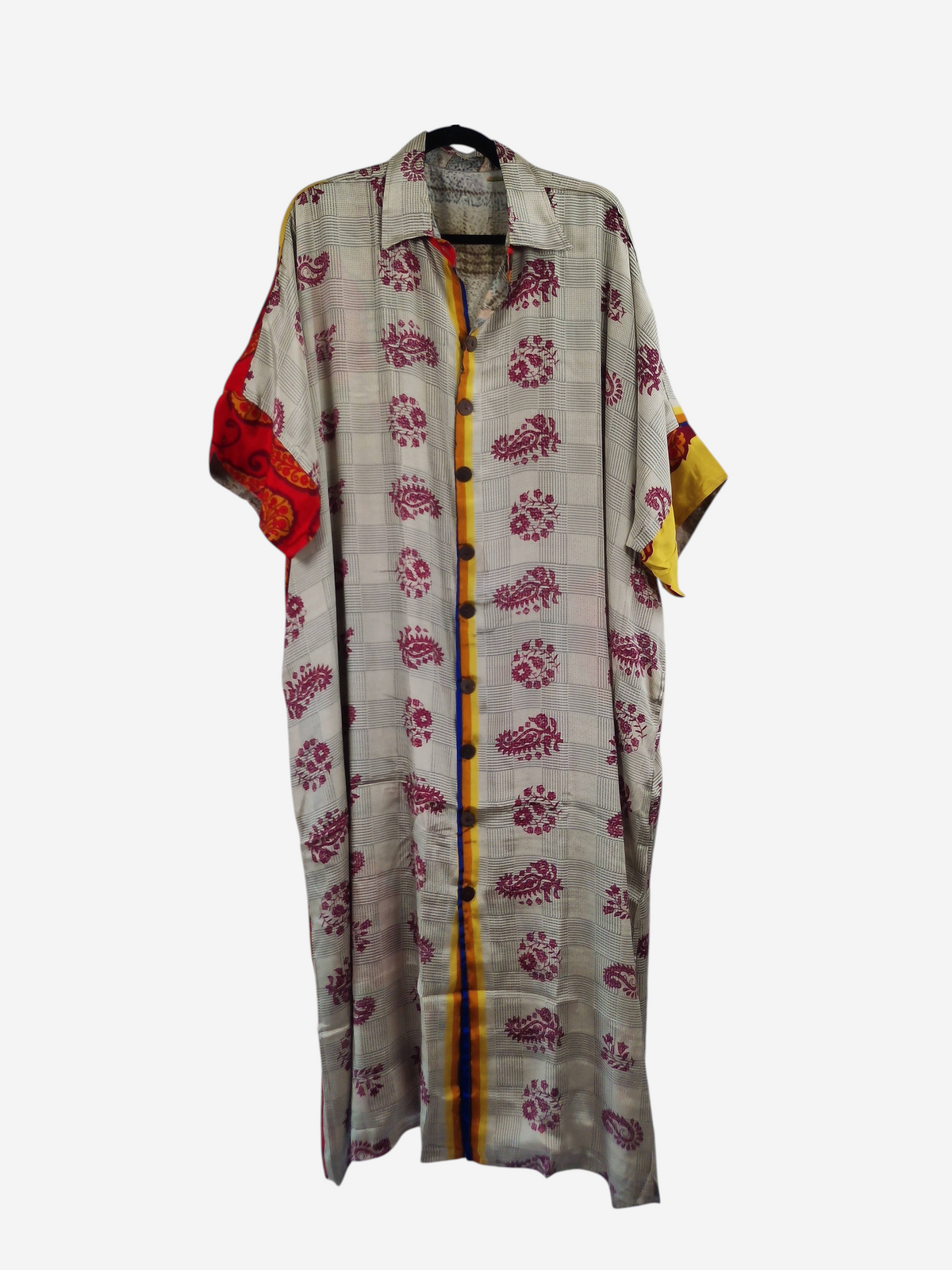 She Lives Beauty reversible kaftan in vintage Rasgulla silk with a cream, red, and yellow paisley print pattern.