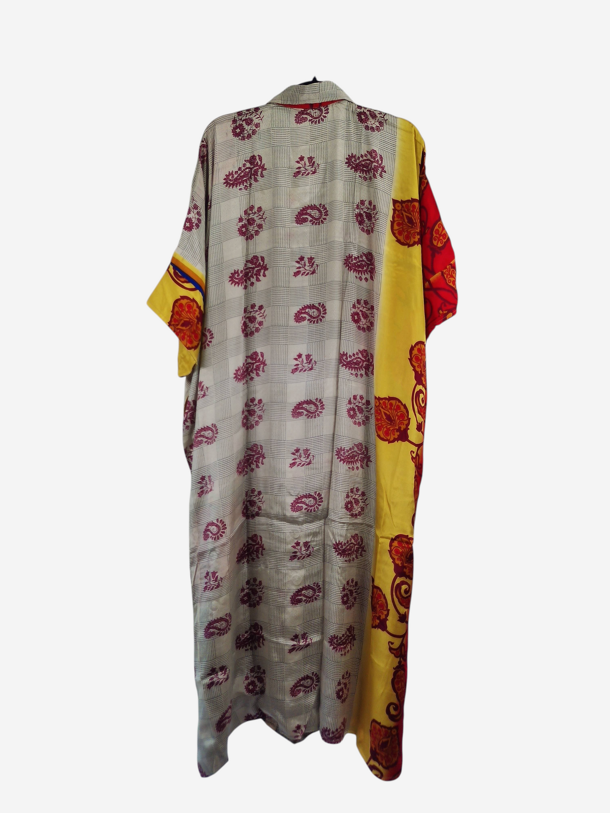 She Lives Beauty reversible kaftan in vintage rasgulla silk with cream, red, and yellow paisley and plaid patterns