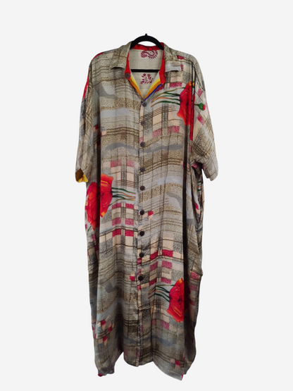 She Lives Beauty reversible kaftan in vintage rasgulla silk with a beige plaid and red floral print button-front