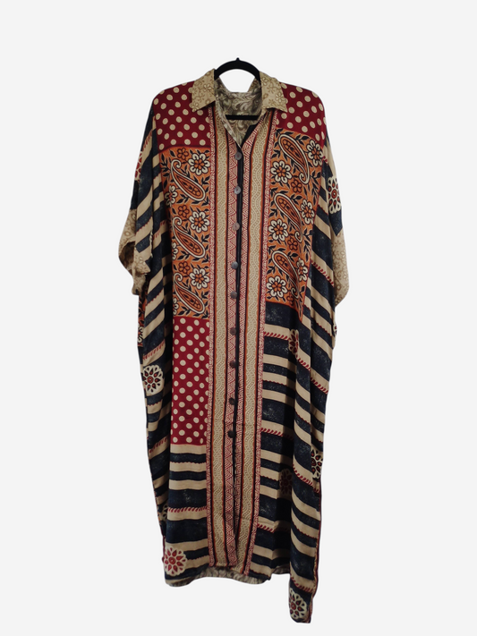 She Lives Beauty reversible kaftan in vintage rasgulla silk with a multi-patterned bohemian print and button front