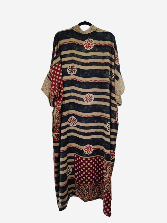 She Lives Beauty reversible kaftan in vintage rasgulla silk with a multi-patterned stripe and floral design