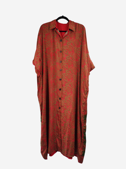 She Lives Beauty reversible kaftan in orange and gold vintage rasgulla silk with a button-front design.