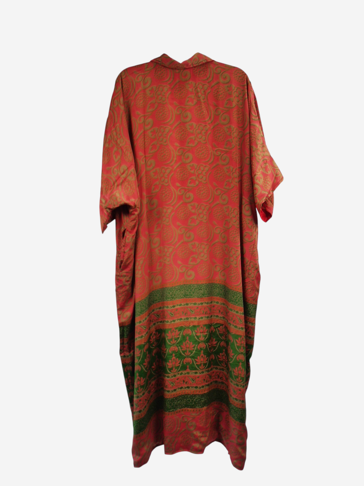 She Lives Beauty reversible kaftan in vintage red and green Rasgulla silk with a flowing bohemian floral pattern.
