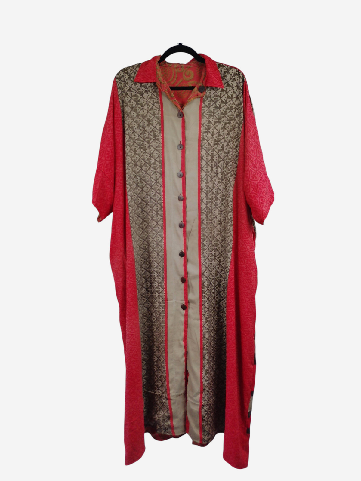 She Lives Beauty reversible kaftan in red and patterned tan vintage rasgulla silk with a button-front design.