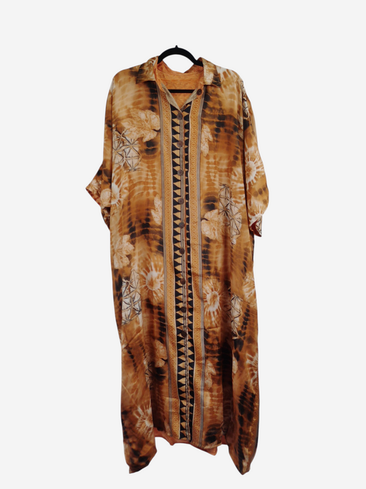 She Lives Beauty reversible kaftan in vintage rasgulla silk with a brown and orange bohemian print and button front.