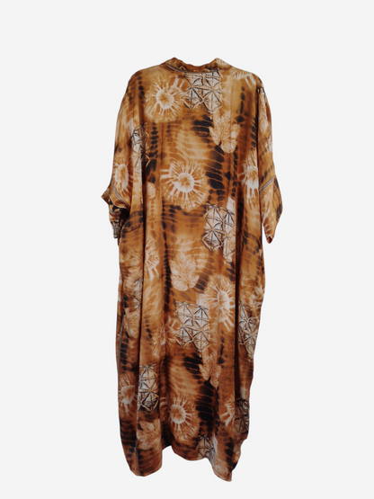 She Lives Beauty reversible kaftan in brown vintage rasgulla silk with a bohemian tie-dye and geometric print.