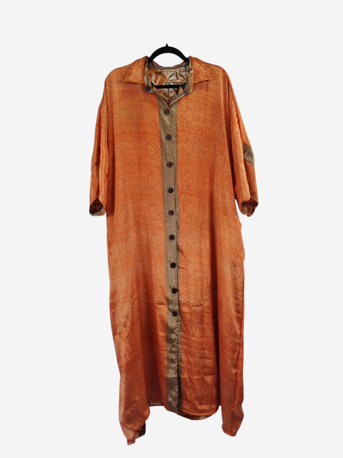 She Lives Beauty reversible orange vintage silk kaftan with a button-front design and relaxed bohemian silhouette.