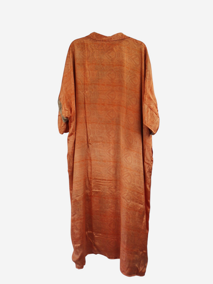 She Lives Beauty reversible kaftan in orange vintage rasgulla silk with a relaxed, flowing silhouette.
