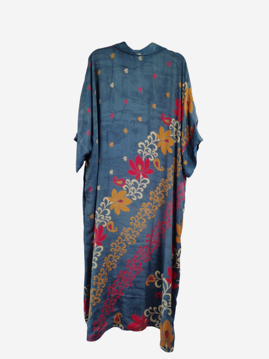 She Lives Beauty reversible kaftan in blue vintage rasgulla silk with floral and vine patterns, button-front design.