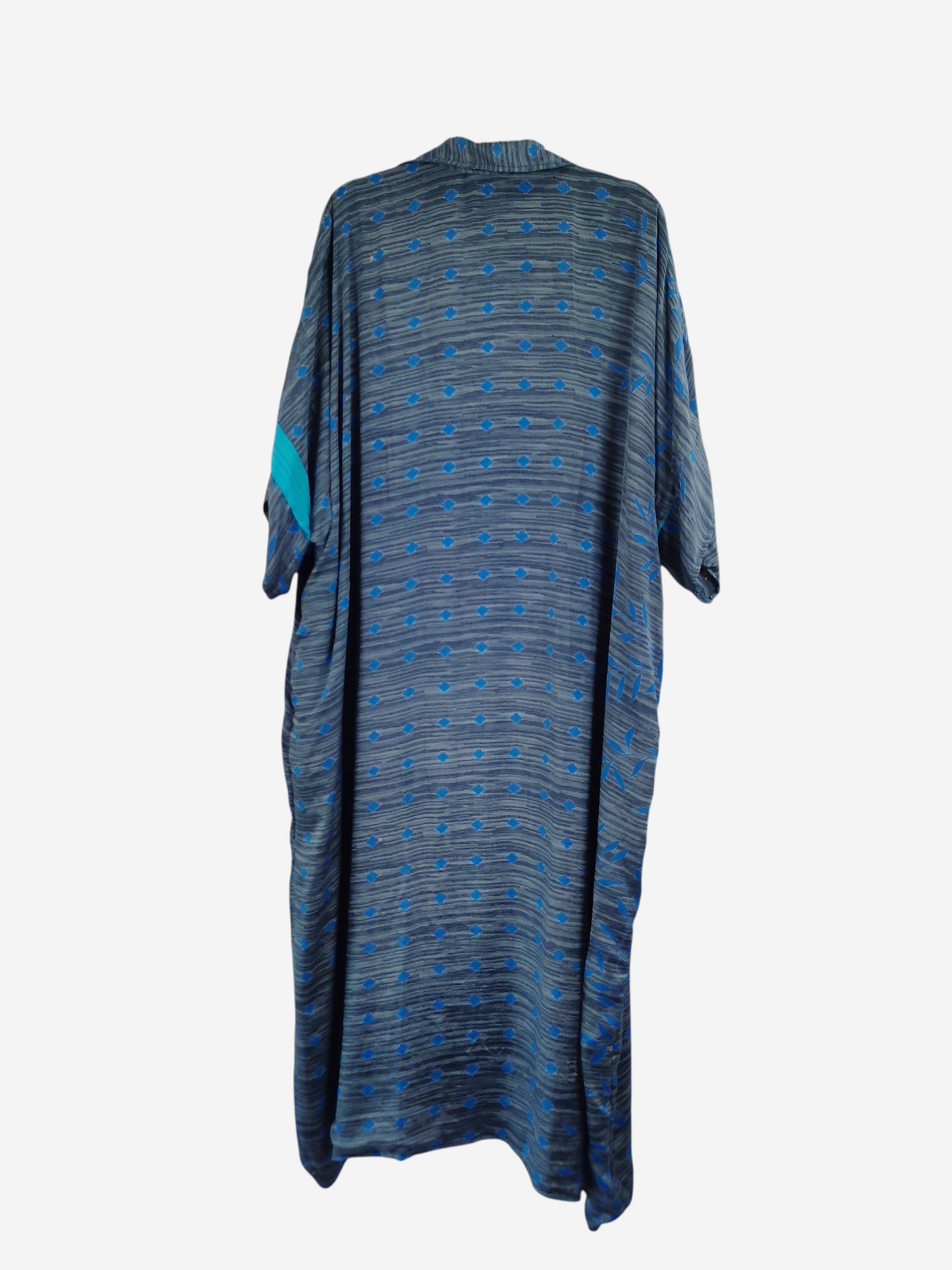She Lives Beauty reversible kaftan in grey and blue vintage rasgulla silk with a diamond pattern and button front