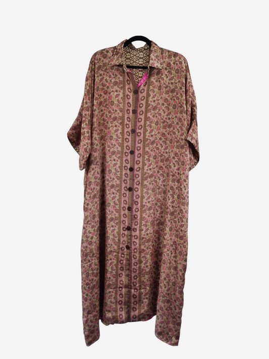 She Lives Beauty reversible kaftan in vintage floral Rasgulla silk with a button-front design and relaxed fit.