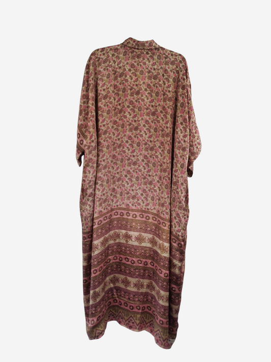 She Lives Beauty reversible kaftan in vintage pink and brown floral Rasgulla silk with a button-front design.
