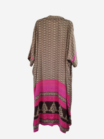 She Lives Beauty reversible kaftan in vintage Rasgulla silk with brown geometric pattern and bright pink accents.