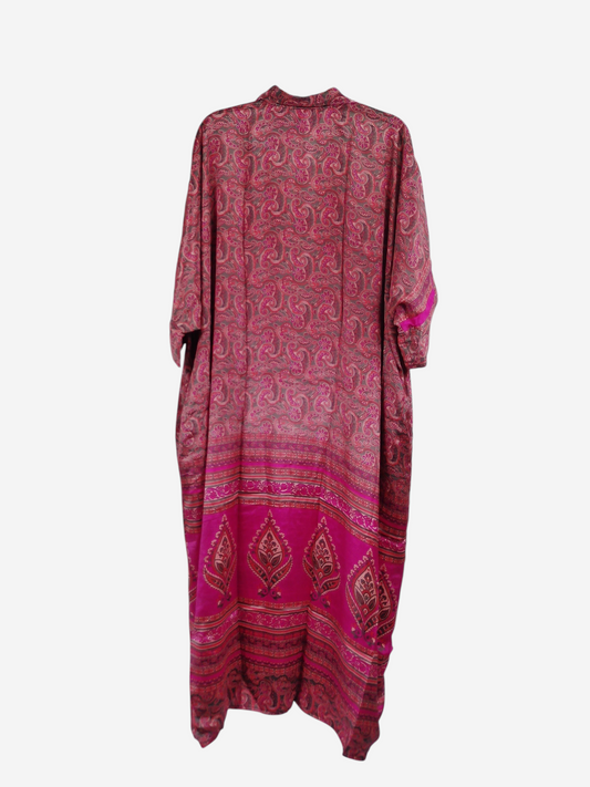 She Lives Beauty reversible kaftan in pink vintage rasgulla silk with bohemian paisley and floral patterns.