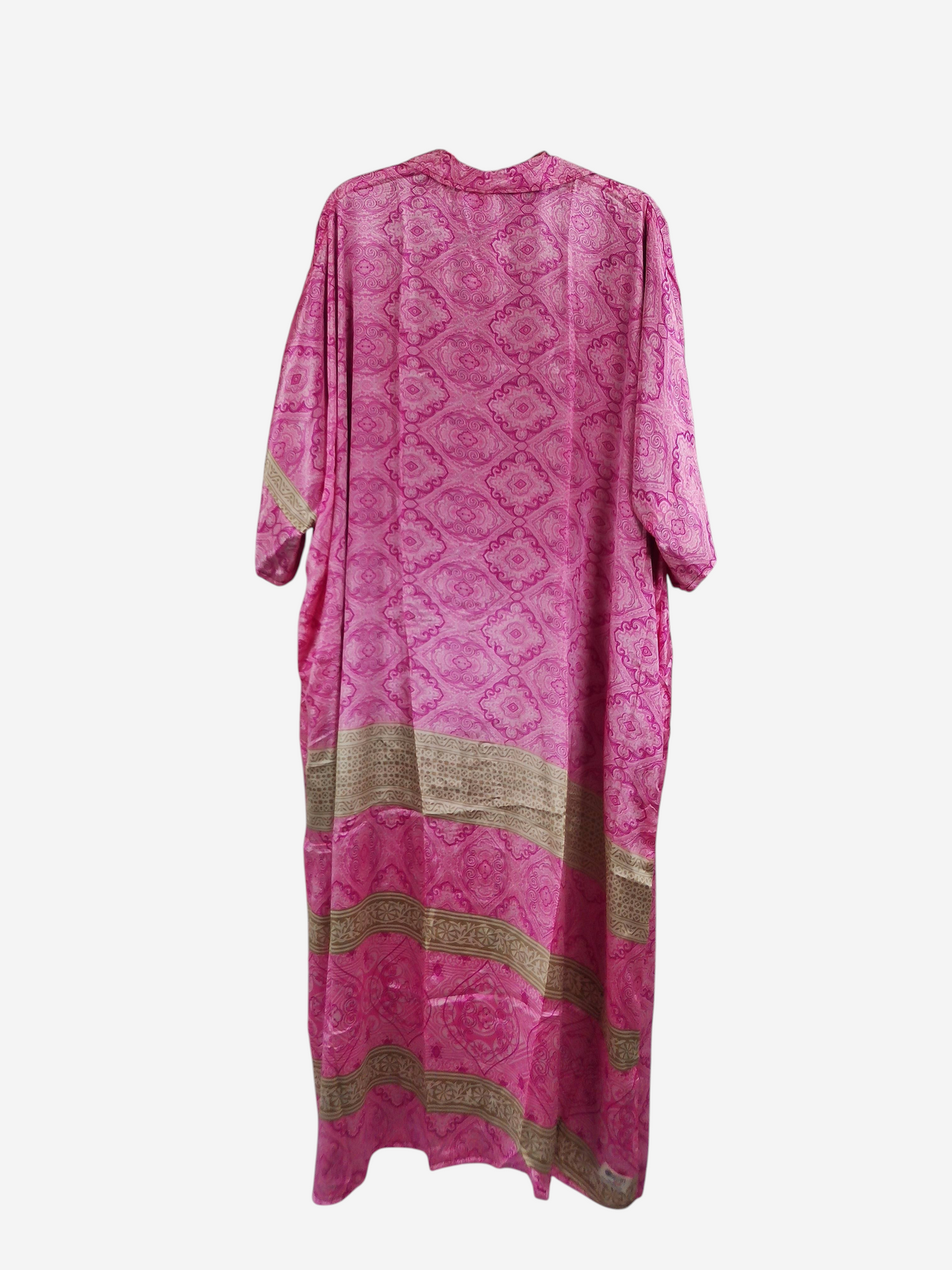 She Lives Beauty reversible pink and tan vintage rasgulla silk kaftan with a bohemian patterned design