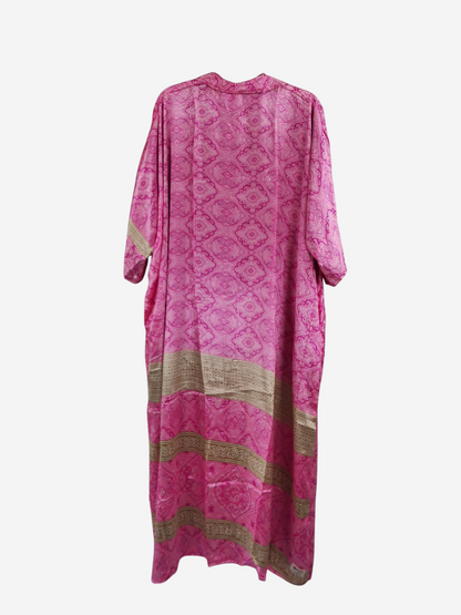 She Lives Beauty reversible pink and tan vintage rasgulla silk kaftan with a bohemian patterned design