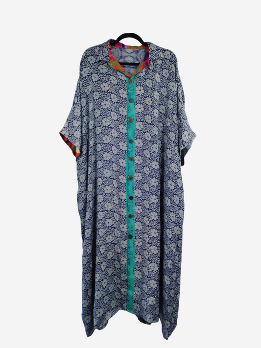 She Lives Beauty reversible kaftan in blue and white floral vintage rasgulla silk with a button-front design