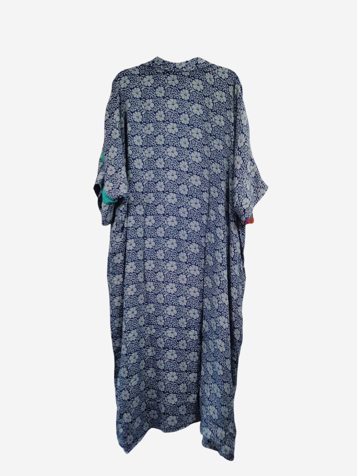 She Lives Beauty reversible kaftan in blue and white floral vintage rasgulla silk with a relaxed flowing silhouette