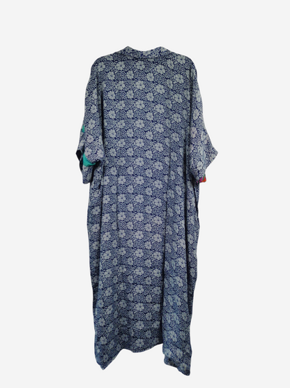 She Lives Beauty reversible kaftan in blue and white floral vintage rasgulla silk with a relaxed flowing silhouette