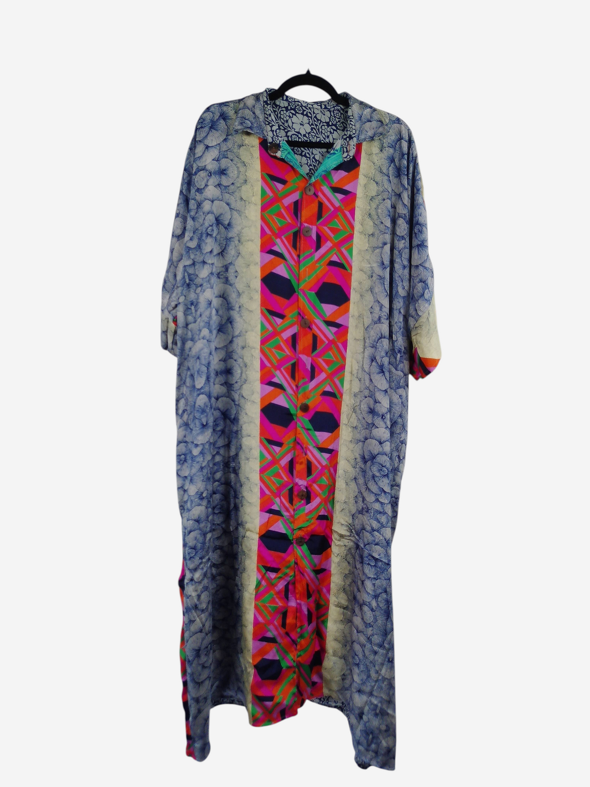 She Lives Beauty reversible kaftan in vintage rasgulla silk with blue floral and vibrant geometric patterns