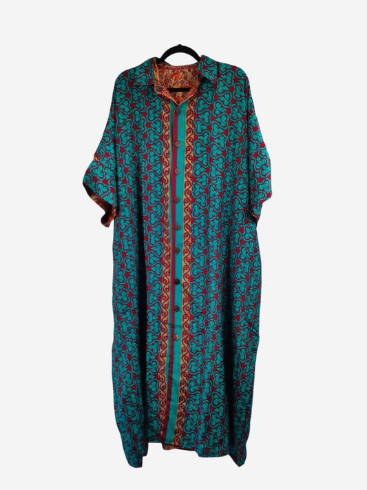She Lives Beauty reversible kaftan in teal and red vintage rasgulla silk with a button-front bohemian design.