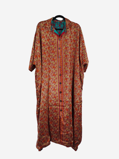 She Lives Beauty reversible kaftan in vintage Rasgulla silk with a red and gold floral pattern and button-front design
