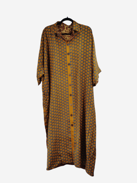 She Lives Beauty reversible kaftan in vintage rasgulla silk with a mustard and grey geometric pattern and button front.