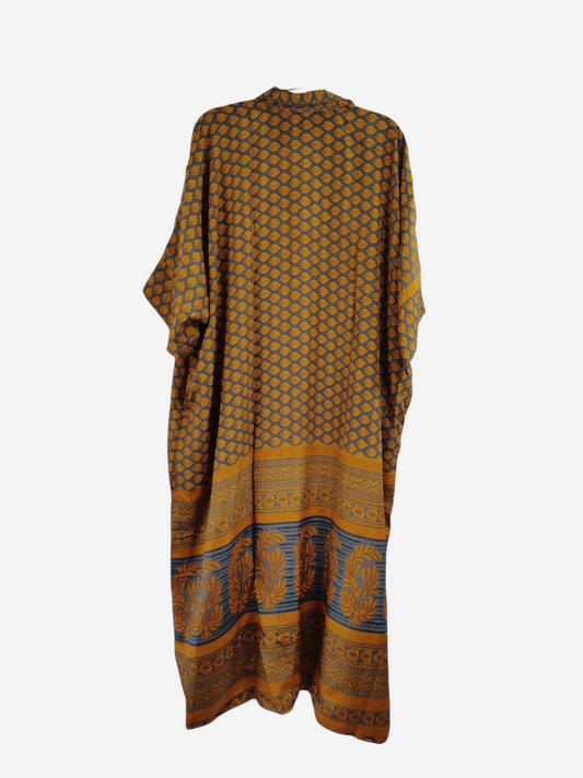 She Lives Beauty reversible kaftan in mustard yellow and grey vintage rasgulla silk with bohemian floral patterns.