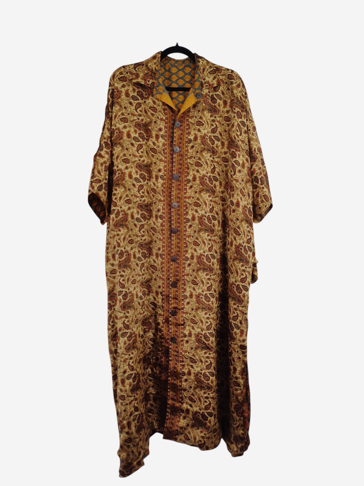 She Lives Beauty Riverstone reversible kaftan in brown and gold vintage rasgulla silk with a button-front design.