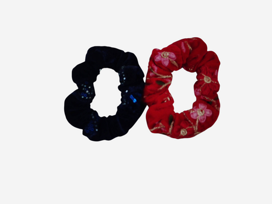 She Lives Beauty handmade velvet scrunchies in navy blue with sequins and red with floral embroidery
